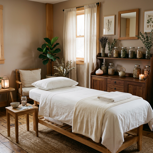 Peaceful acupuncture treatment room with warm lighting, clean linens, and calming decor